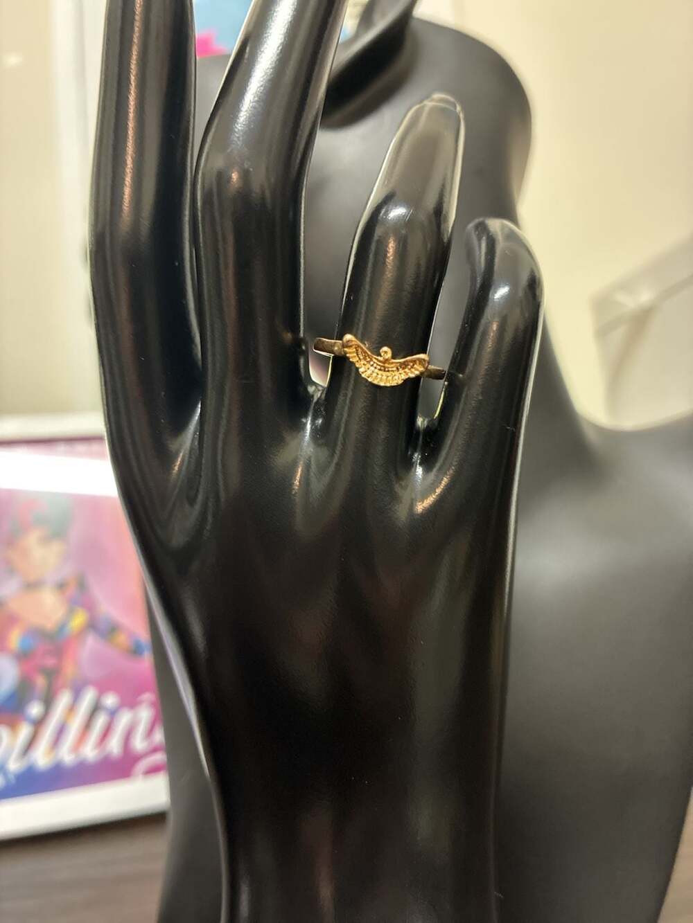 Vintage 1970s Egyptian Revival Winged Goddess Gold Tone Ring